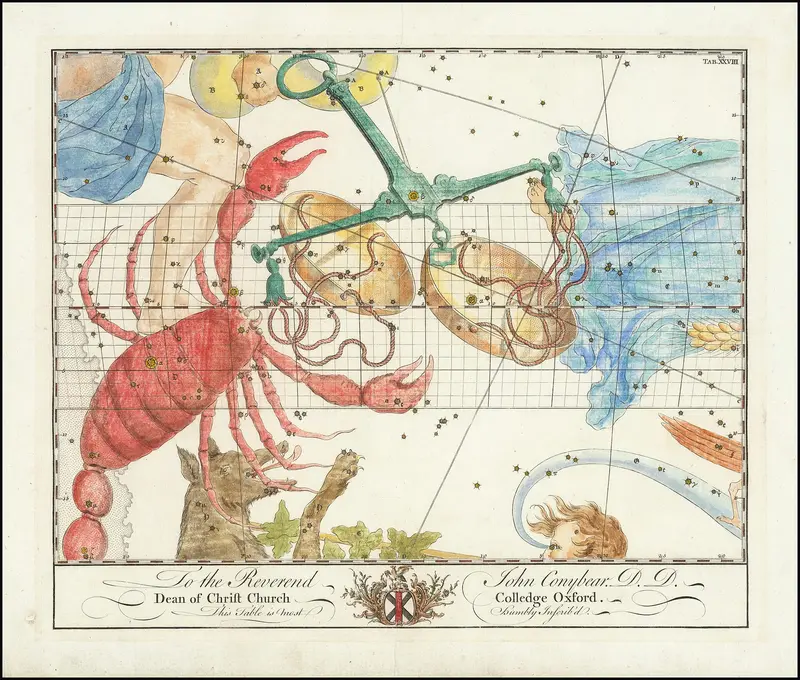A hand-coloured 1750 plate from John Bevis's atlas showing the scorpion, the scales and the crab among the stars