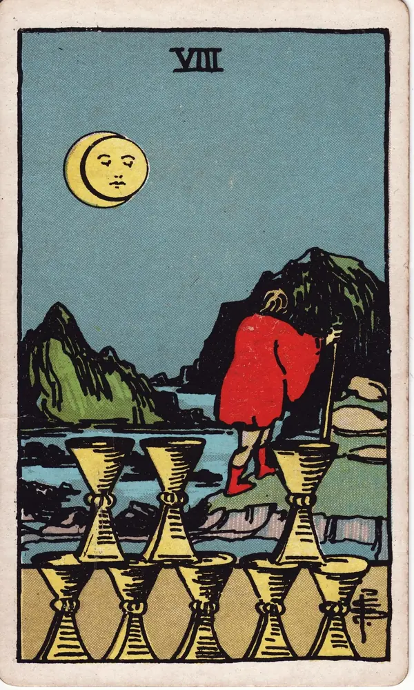 Eight of Cups, from the Rider-Waite-Smith tarot deck