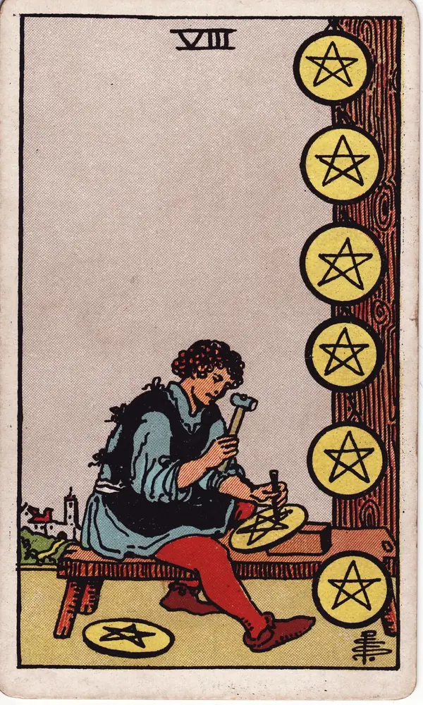 Eight of Pentacles, from the Rider-Waite-Smith tarot deck