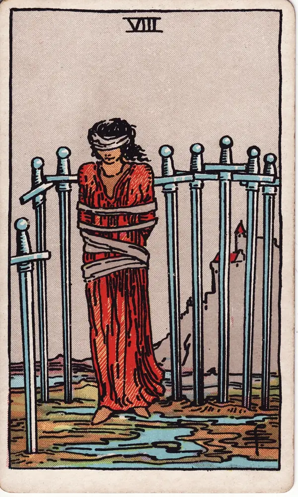 Eight of Swords, from the Rider-Waite-Smith tarot deck