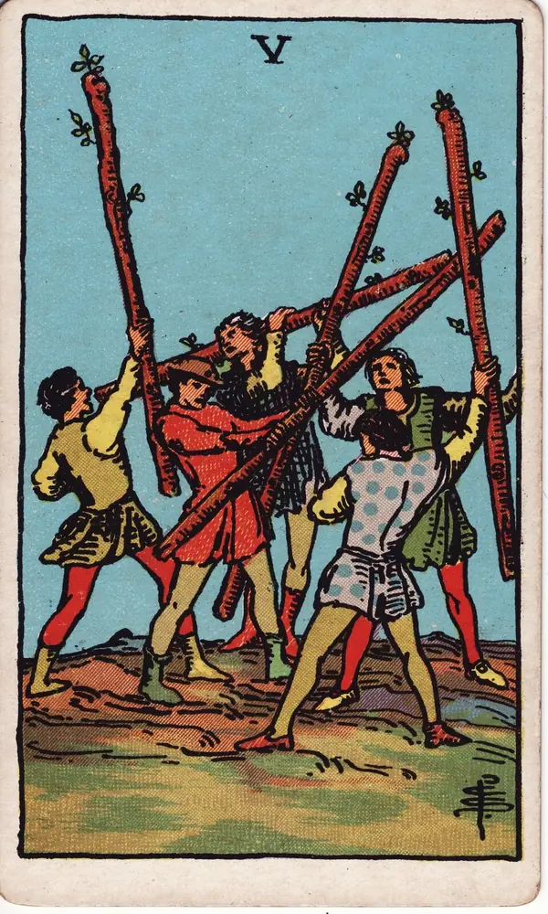 Five of Wands, from the Rider-Waite-Smith tarot deck