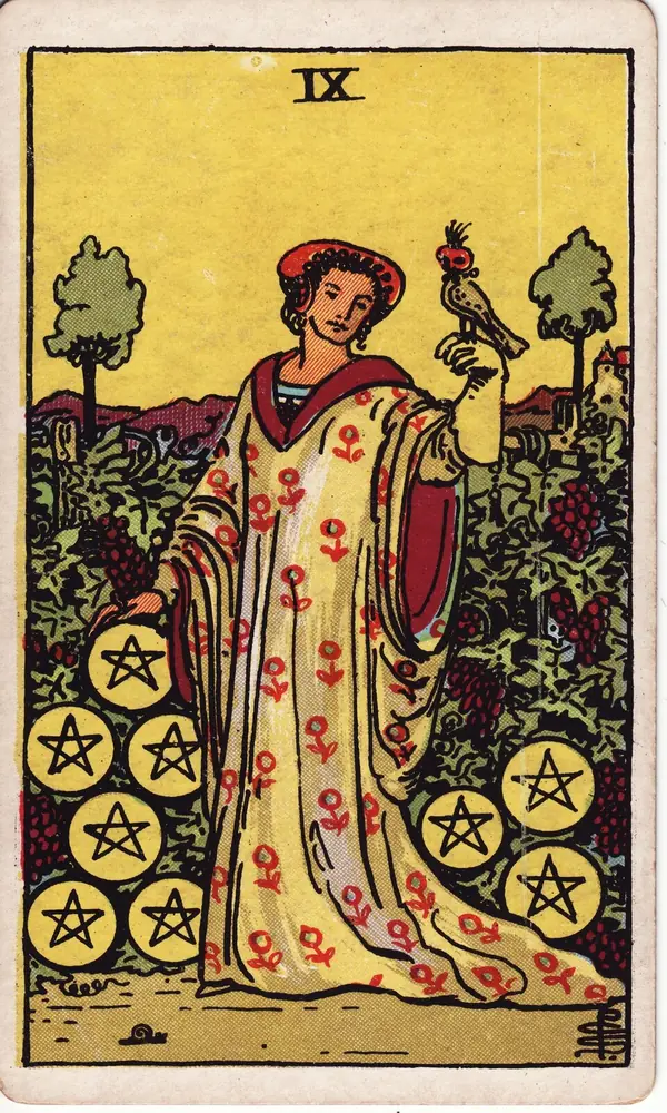 Nine of Pentacles, from the Rider-Waite-Smith tarot deck