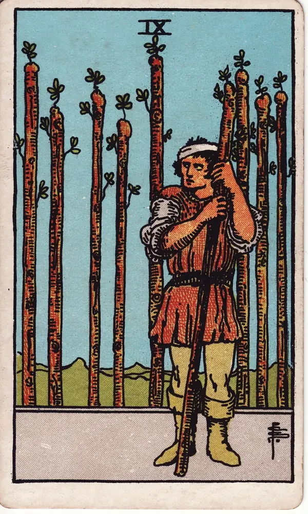 Nine of Wands, from the Rider-Waite-Smith tarot deck
