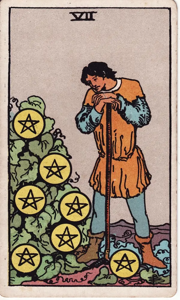 Seven of Pentacles, from the Rider-Waite-Smith tarot deck