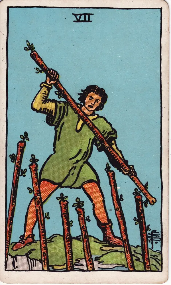 Seven of Wands, from the Rider-Waite-Smith tarot deck