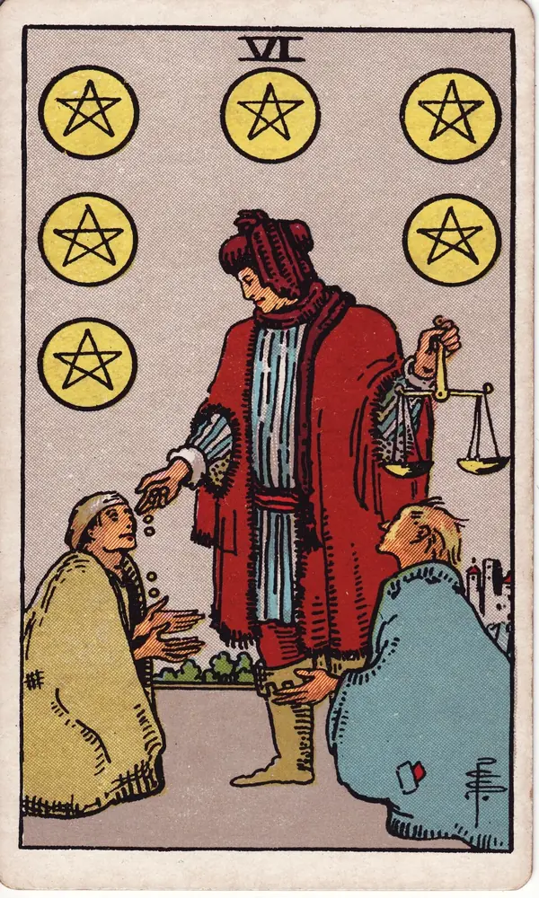 Six of Pentacles, from the Rider-Waite-Smith tarot deck
