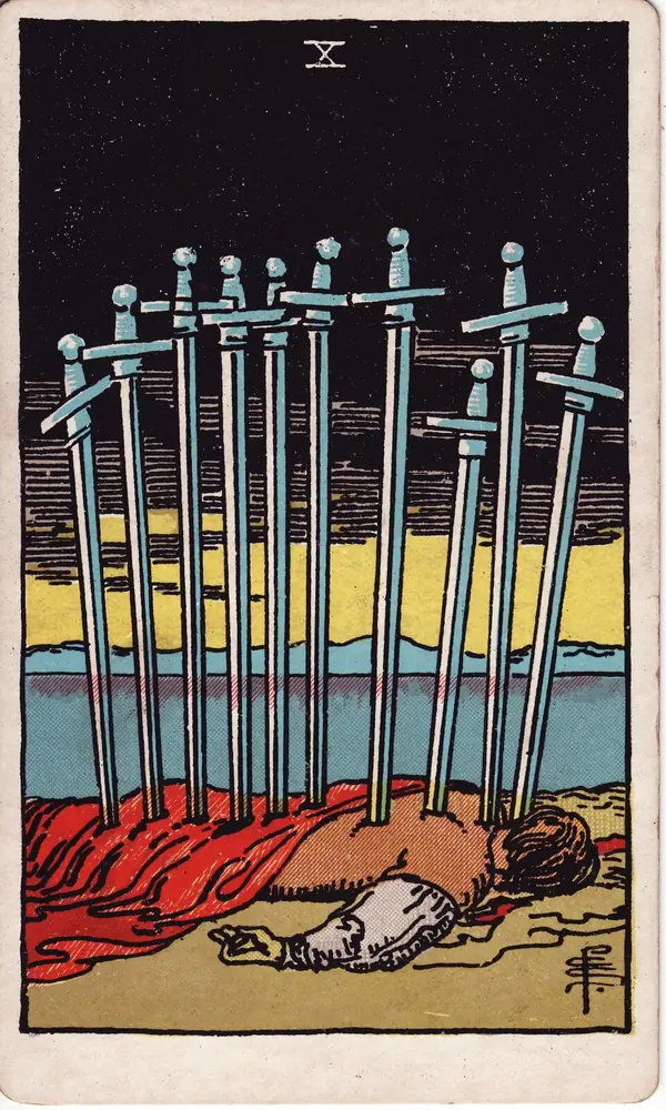 Ten of Swords, from the Rider-Waite-Smith tarot deck