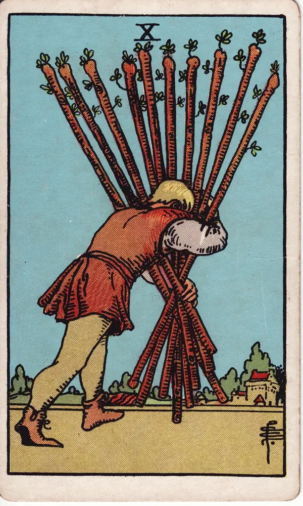 Ten of Wands, from the Rider-Waite-Smith tarot deck