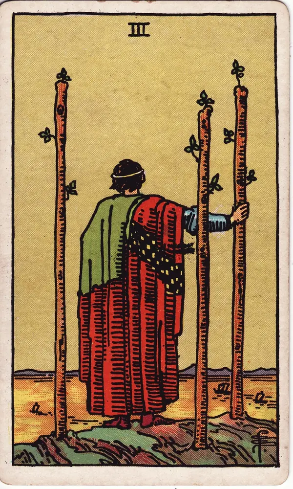 Three of Wands, from the Rider-Waite-Smith tarot deck