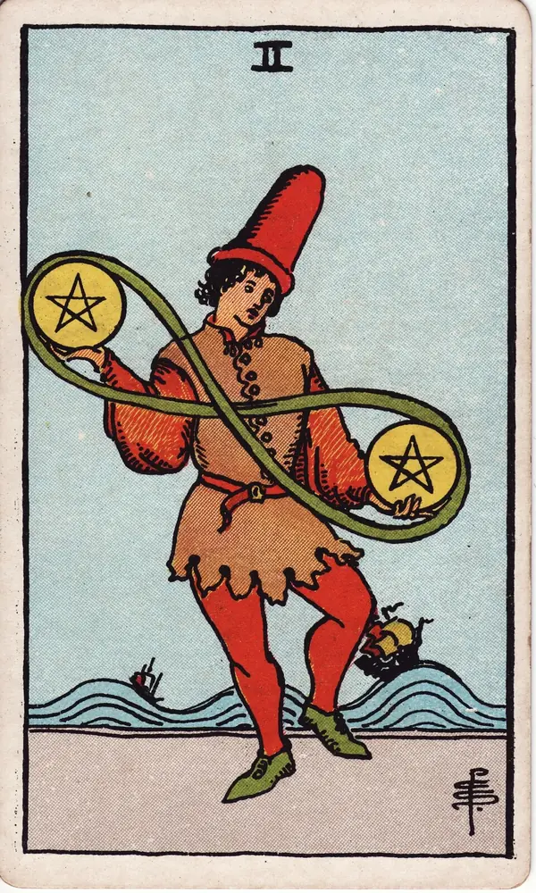 Two of Pentacles, from the Rider-Waite-Smith tarot deck